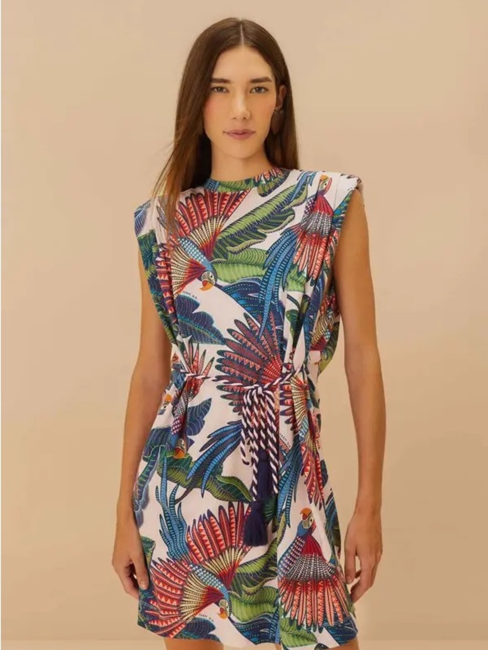 NWT FARM Rio Anthropologie pink Dress with Green, Navy & Coral Tropical Print